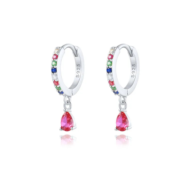 Children's Earrings: Sterling Silver, Platinum Plated huggies with Ruby Tear Drop CZ