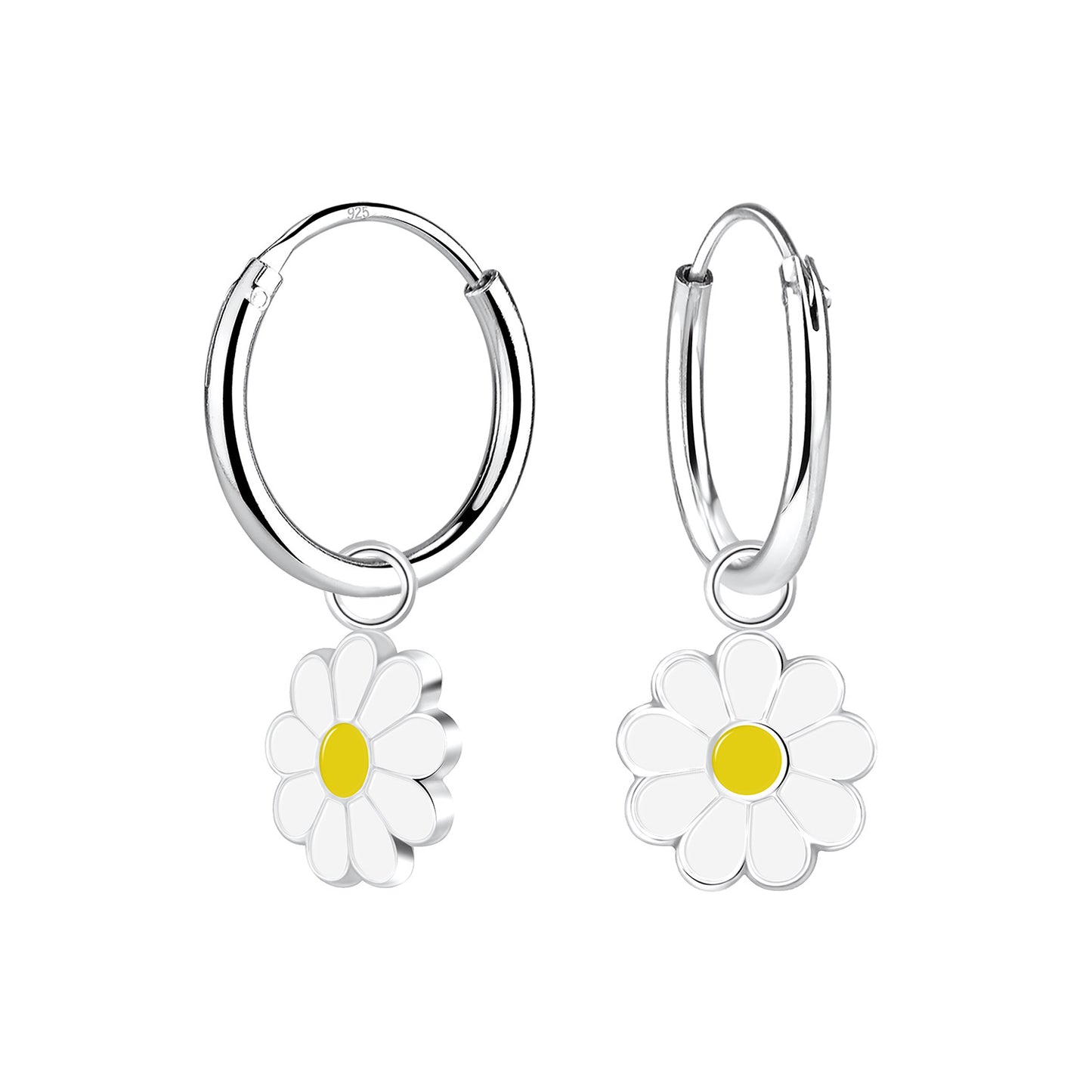 Daisy hoop earrings featuring 925 sterling silver and white yellow enamel charms, perfect for everyday wear.