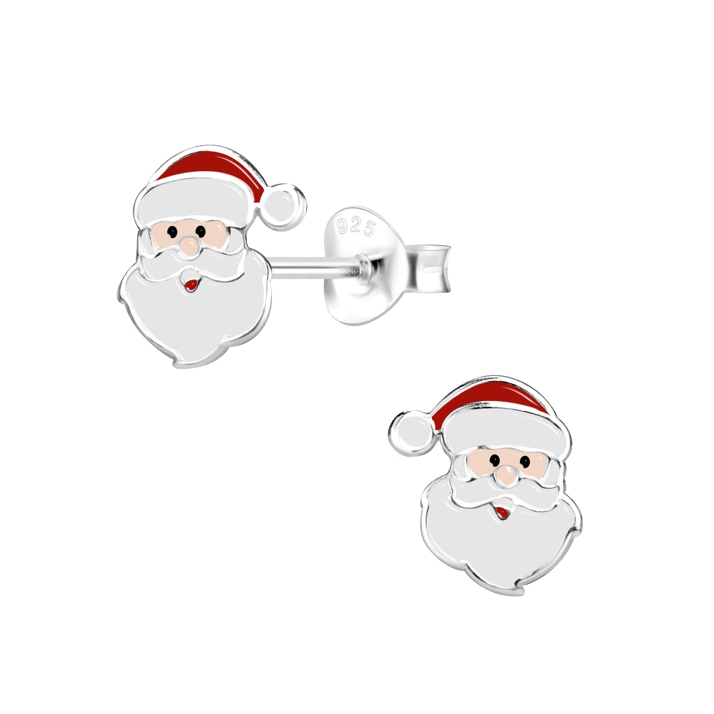 Christmas earrings featuring sterling silver Santa Claus stud designs with red accents and secure push backs.
