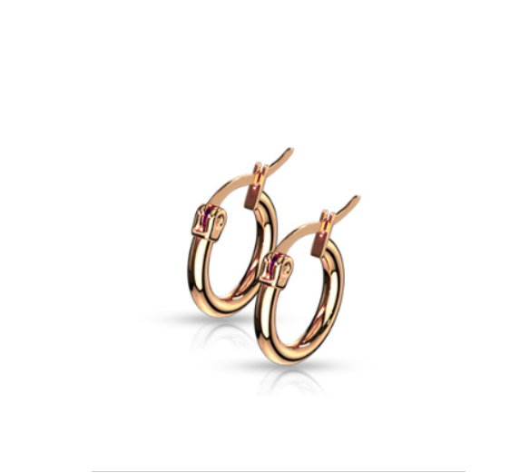 Rose gold hoop earrings with small gemstones on a white background