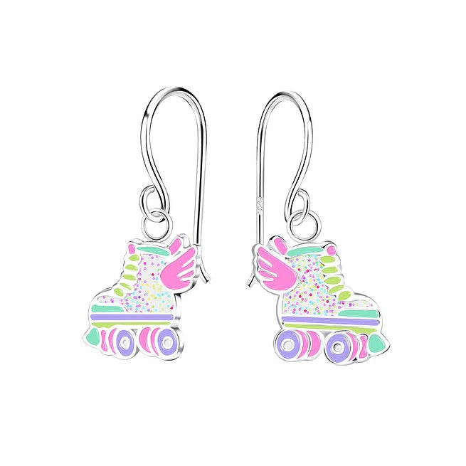Children's Earrings: Sterling Silver Hook Earrings with Glitter Enamel Skates with Wings