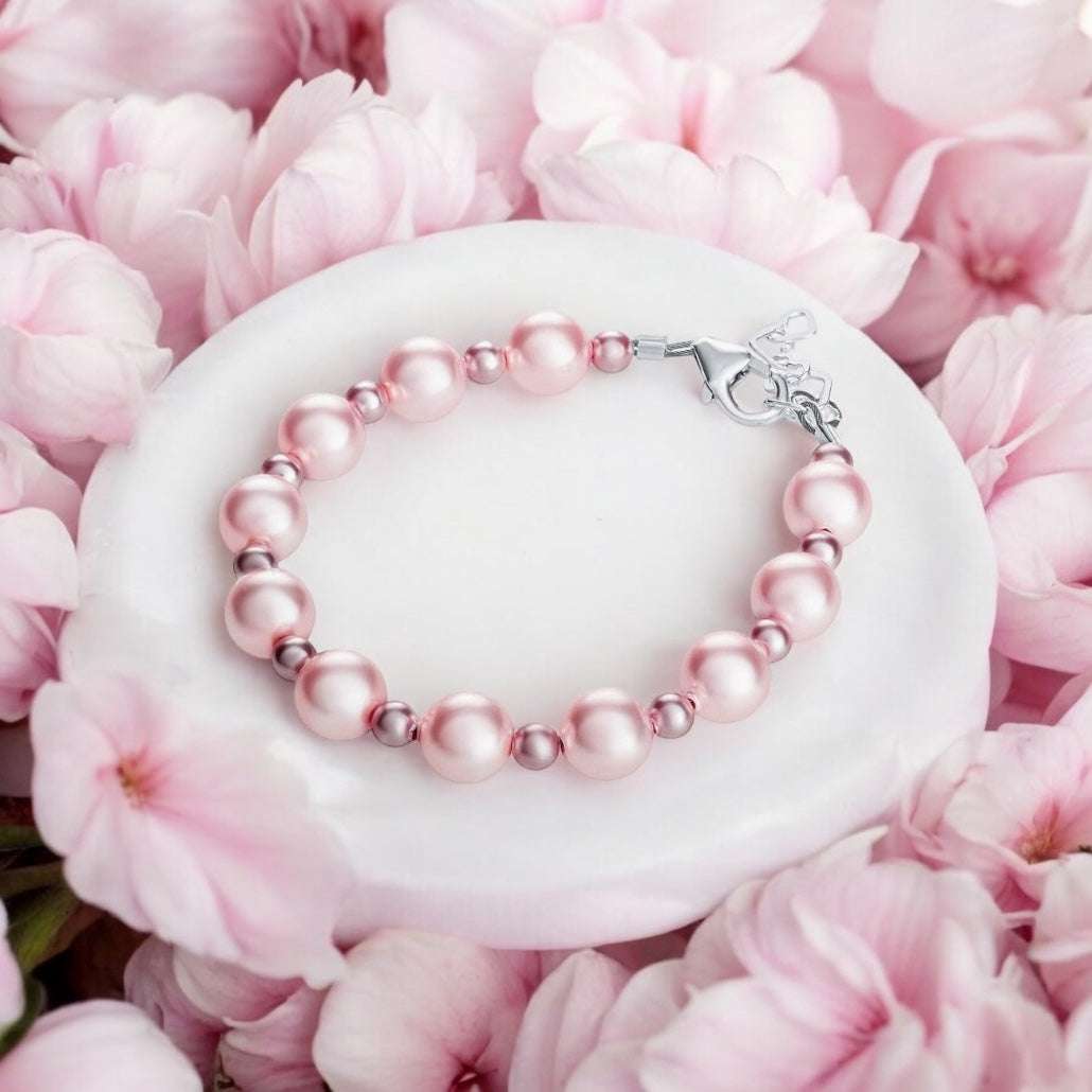 Children's Bracelets: Sterling Silver, Swarovski Rose and Pink Pearl/Crystal Bracelets Age 5 - 10
