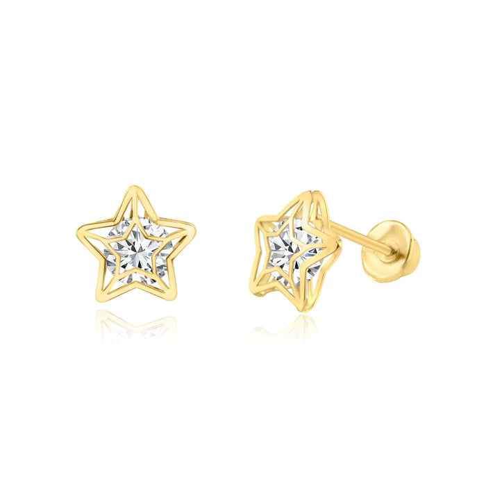 Children's Earrings:  14k Gold Clear CZ Semi-Open Stars with Screw Backs and Gift Box