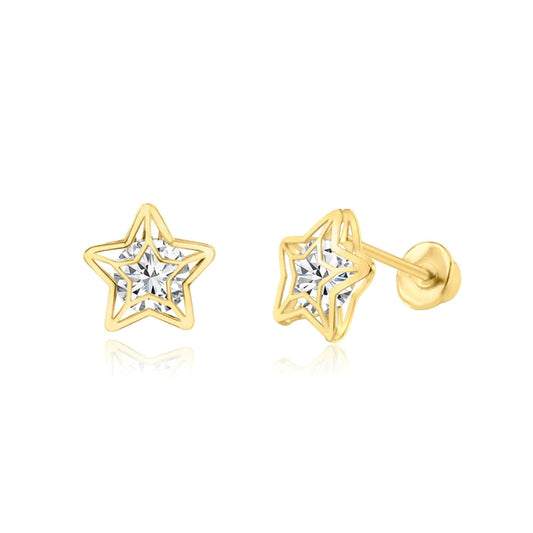 Children's Earrings:  14k Gold Clear CZ Semi-Open Stars with Screw Backs and Gift Box