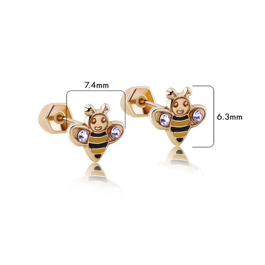 Children's earrings in 14k yellow gold with enamel honey bee design and CZ stones, measuring 7.4mm and 6.3mm.