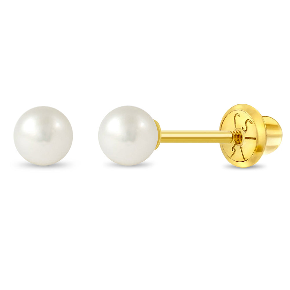 Pearl stud earrings with 14k gold posts on a white background