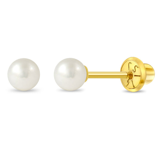 Pearl stud earrings with 14k gold posts on a white background