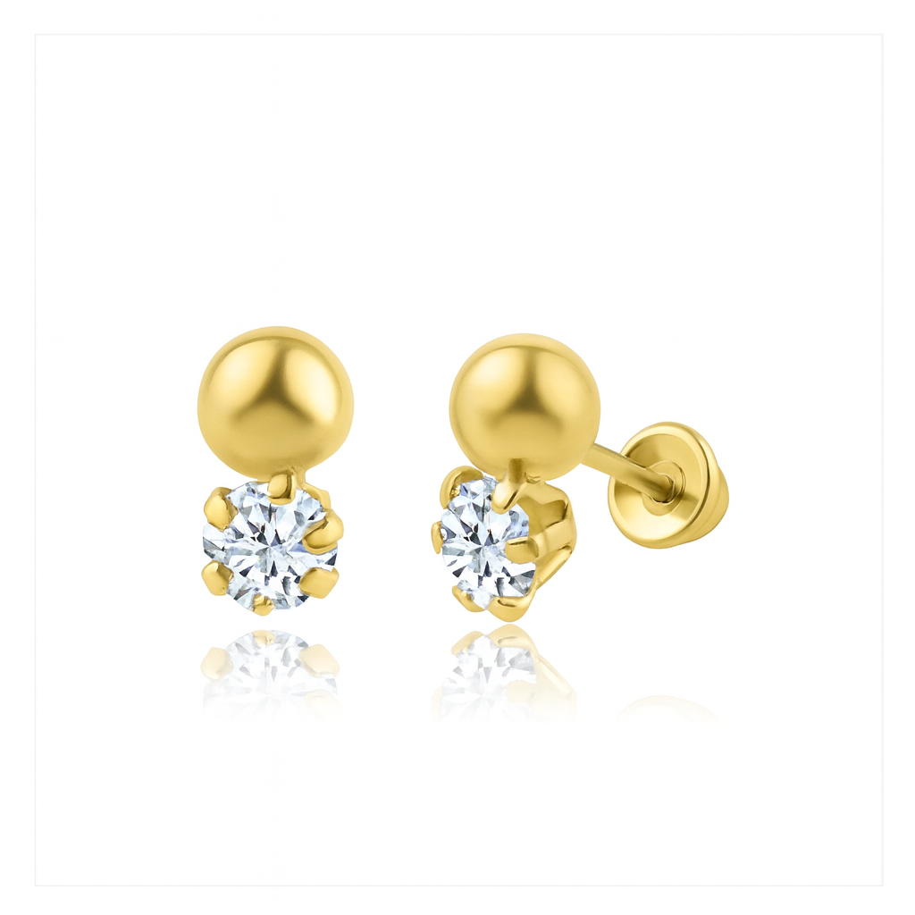 A pair of 14k gold ball stud earrings with cubic zirconia stones and screw backs designed for babies and children, displayed against a white background.