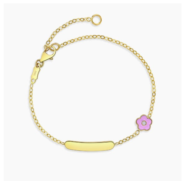 A 14k solid gold bracelet for babies and children with a yellow gold chain, a small pink flower charm, and a personalized ID plate.