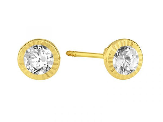 A pair of 14k gold crimped, bezel framed AAA CZ screw back earrings on a white background.
