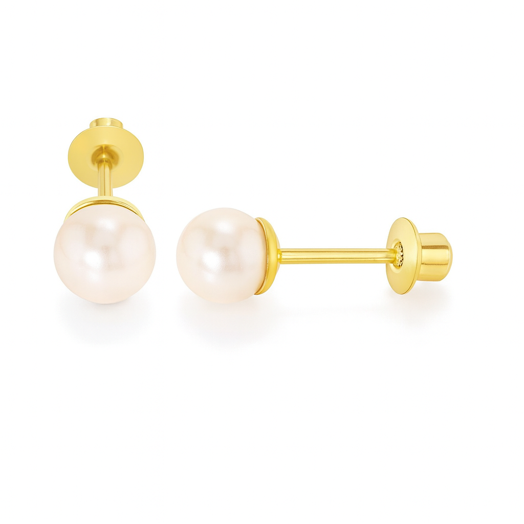 A pair of 14k gold vermeil (over sterling silver) 4mm white pearl stud earrings with screw backs on a white