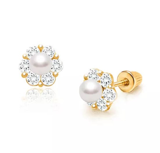 A pair of 14k gold flower earrings with cultured pearls and clear cubic zirconia, suitable for children, displayed against a white background.
