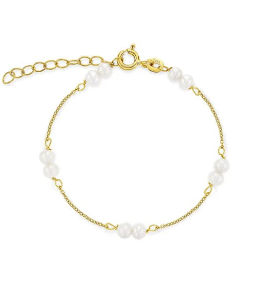 A 14k gold bracelet with white cultured freshwater pearls, featuring a chain-style design and a lobster clasp closure.