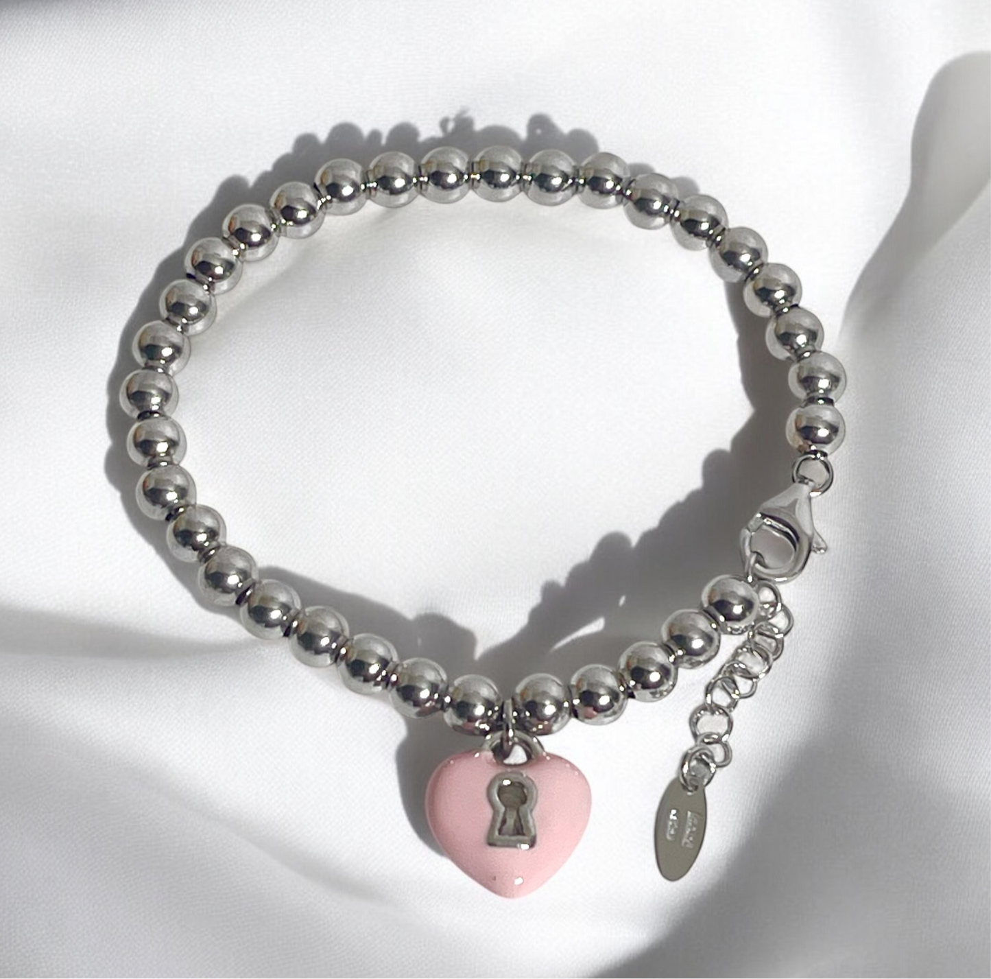 Children's Bracelets:  Sterling Silver Ball Bracelets with Pink Enamel Heart with Lock