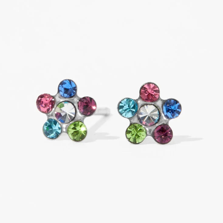 Baby and Children's Earrings: Hypoallergenic Steel, Flowers with Colourful CZ, with Screw Backs