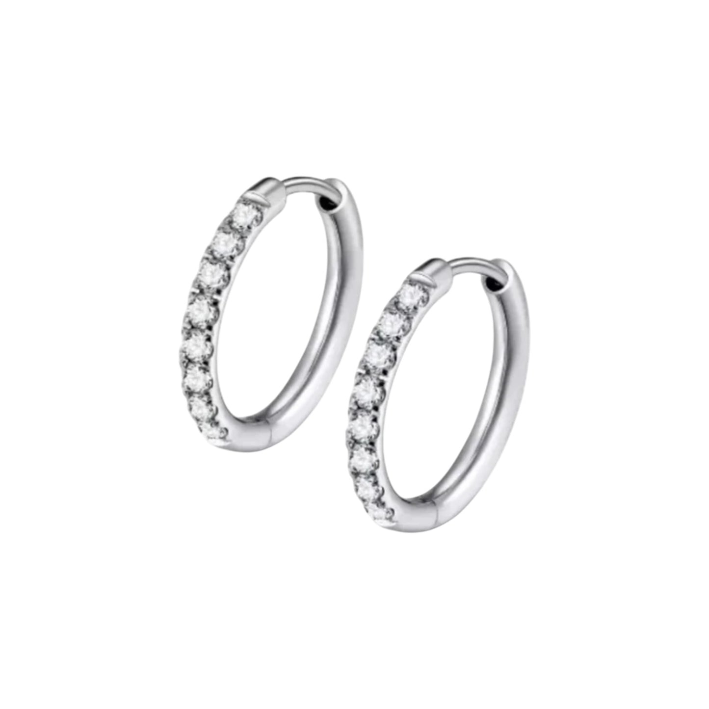 Close‑up of a pair of small silver‑tone hinged hoop earrings, each front half encrusted with a neat row of clear round gemstones and featuring a smooth click‑shut closure.