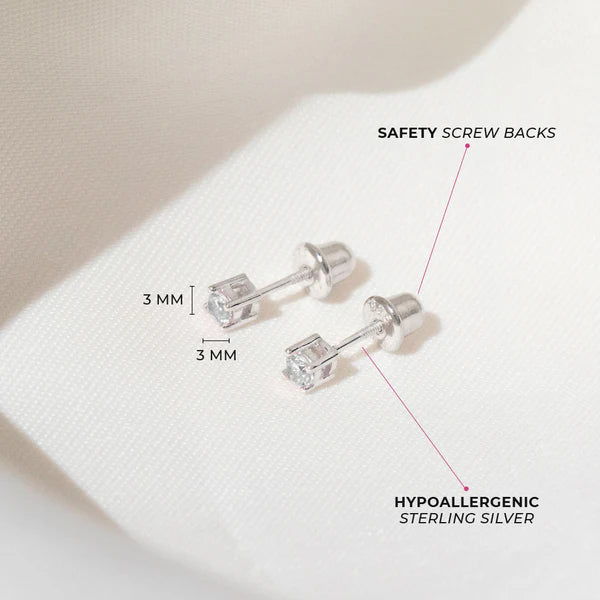 Baby screw back earrings 3mm clear cubic zirconia sterling silver product shot"