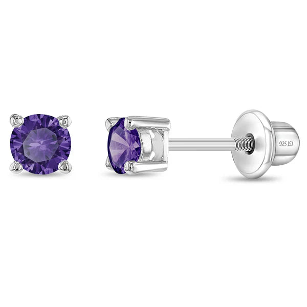 Baby screw back earrings 3mm amethyst purple cubic zirconia sterling silver