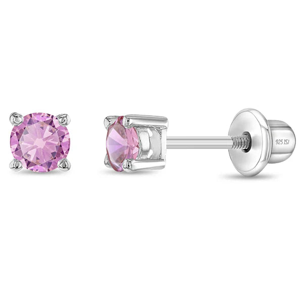 Close-up of 3mm pink cubic zirconia baby screw back earrings in sterling silver"