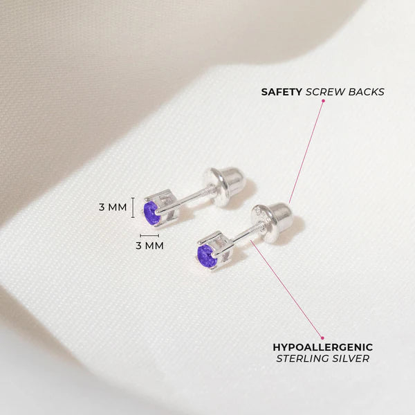 Baby screw back earrings 3mm purple cubic zirconia sterling silver product shot