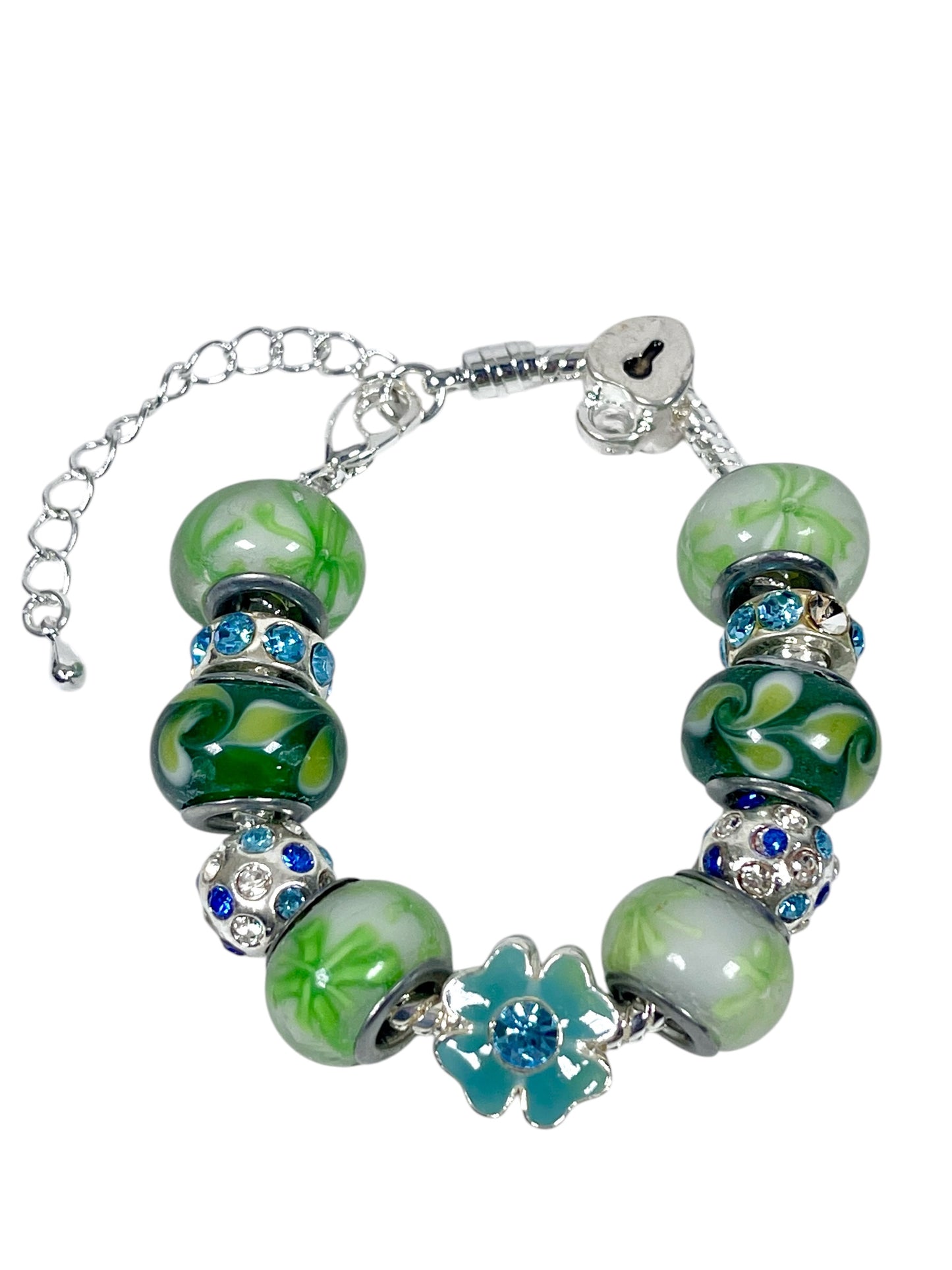 Mothers' Bracelets: European Style Bracelets with Blue, Green and White Lampwork Beads