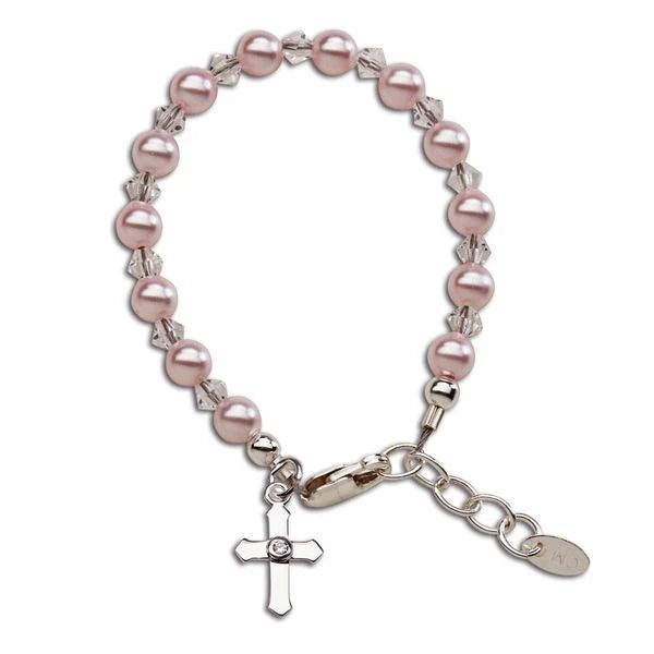Children's Bracelets:  Sterling silver, Pink Swarovski Pearls with Cross Age 6 - 12