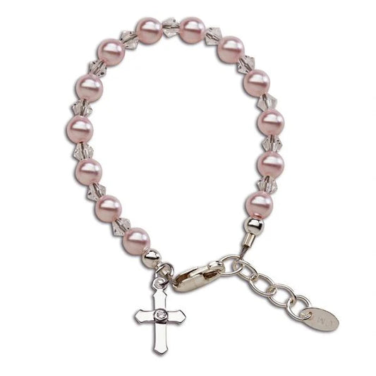 Children's Bracelets: Sterling silver, Pink Swarovski Pearls with Cross Age 6 - 12
