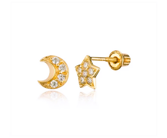 Baby and Children's Earrings: 14k Solid Gold CZ Encrusted Moon and Star Earrings with Screw Backs and Gift Box