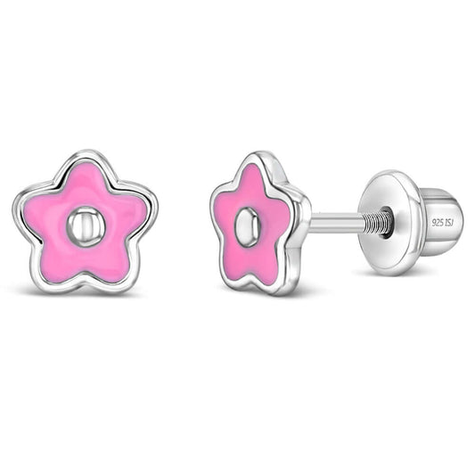 Close-up of 925 sterling silver pink enamel flower earrings with screw back posts, safe and hypoallergenic studs for babies, toddlers, and young girls