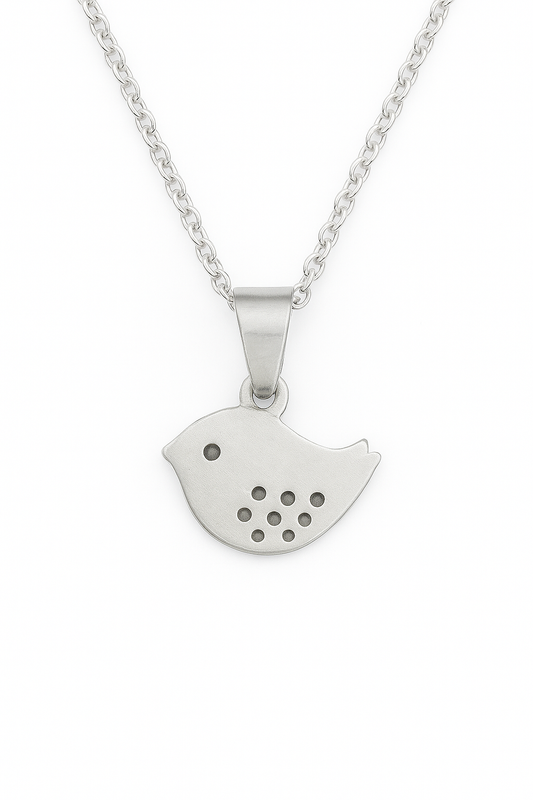 Close-up product image of a silver baby bird pendant necklace on a delicate chain, photographed against a clean white background to highlight the pendant's smooth finish and minimalist design.