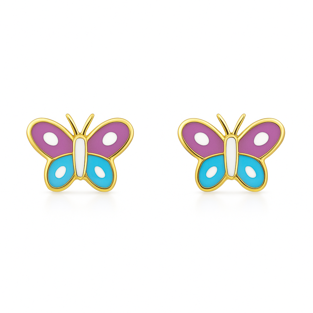 A pair of 9kt yellow gold butterfly stud earrings on a white background; each earring has lavender upper wings and turquoise lower wings outlined in gold, with two white enamel spots on each wing, a smooth white enamel body, and slender gold antennae.