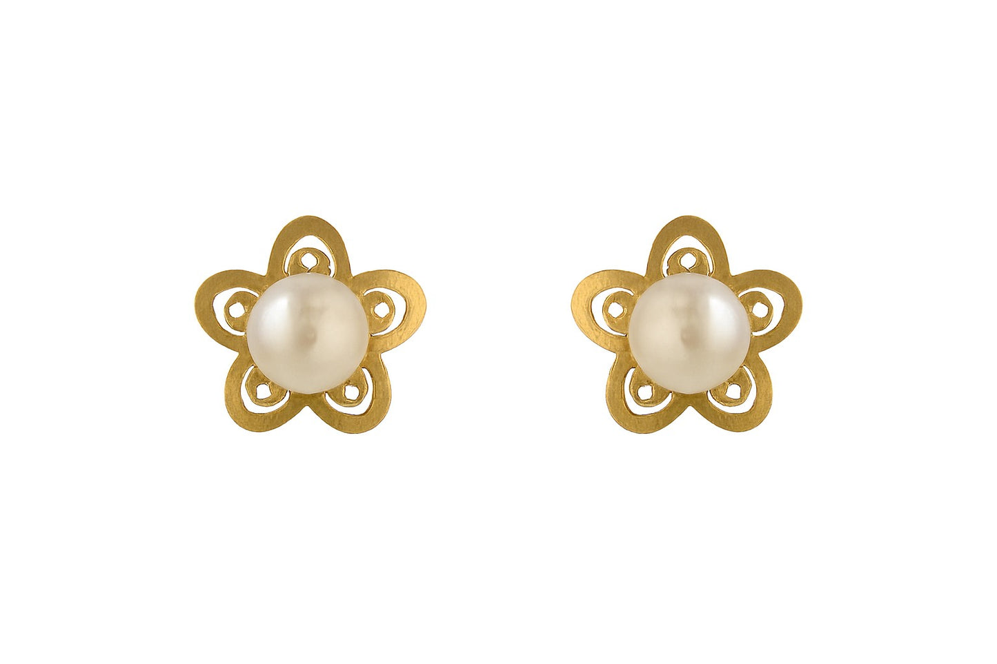 A pair of gold flower shaped stud earrings with pearl centres on a clean white background