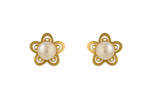 A pair of gold flower shaped stud earrings with pearl centres on a clean white background