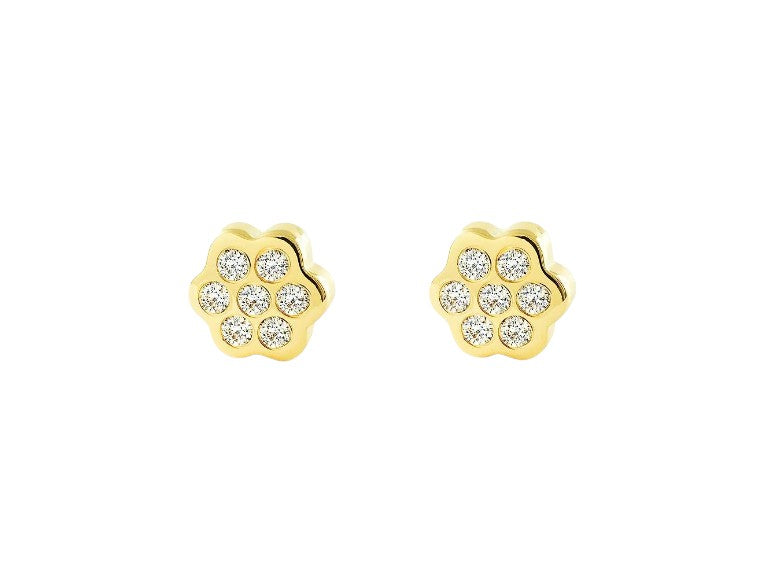 A pair of 9k gold cluster flower earrings with cubic zirconia stones and screw back closures, presented against a white background.