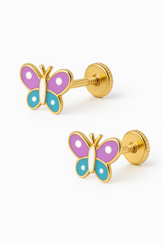 Two 9kt yellow gold butterfly stud earrings on a white background; each butterfly has lavender upper wings with a single white enamel spot, turquoise lower wings with one white spot each, a smooth white enamel body and gold antennae, mounted on half‑threaded screw‑back posts