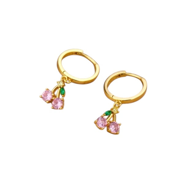Children's, Teens' and Mothers' Earrings:  Steel with Gold IP Hoops with Pink CZ Cherries