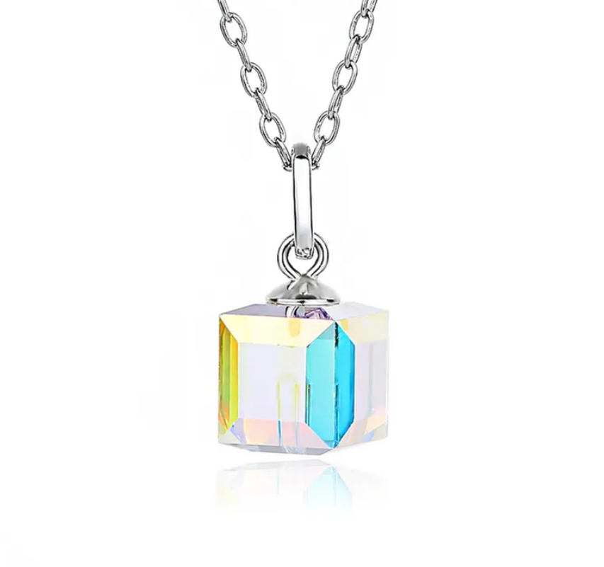 Children's, Teens' and Mothers' Necklaces:  Sterling Silver, Austrian Aurora Borealis Crystal Cube Necklace 40 + 4cm