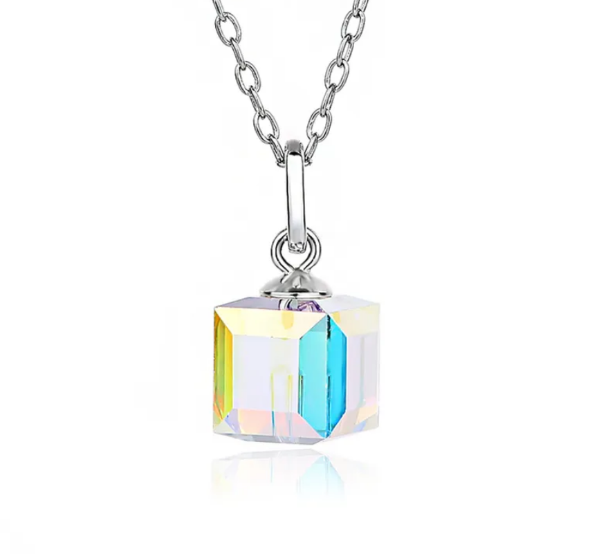 Children's, Teens' and Mothers' Necklaces: Sterling Silver, Austrian Aurora Borealis Crystal Cube Necklace 40 + 4cm