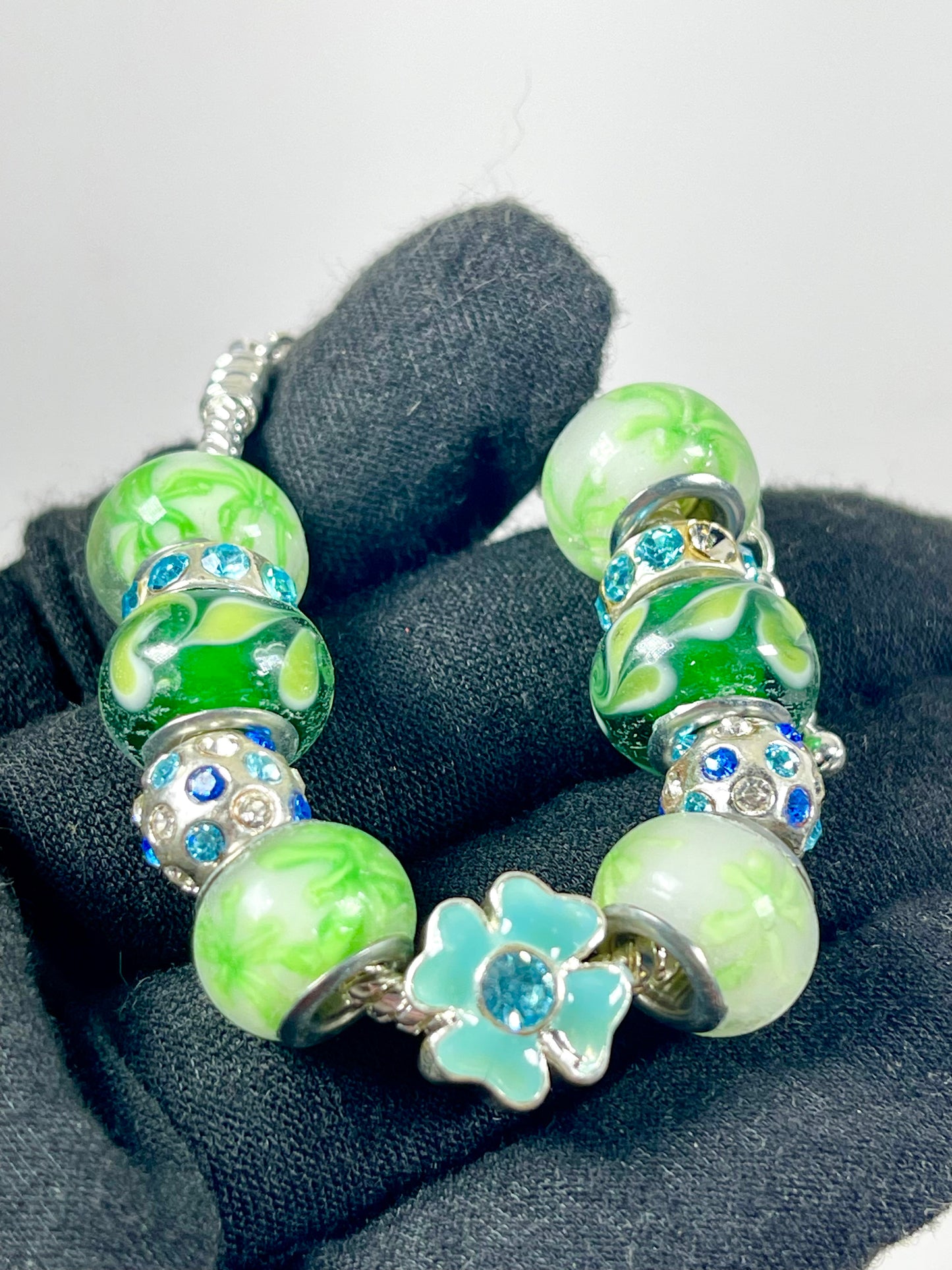 Mothers' Bracelets: European Style Bracelets with Blue, Green and White Lampwork Beads