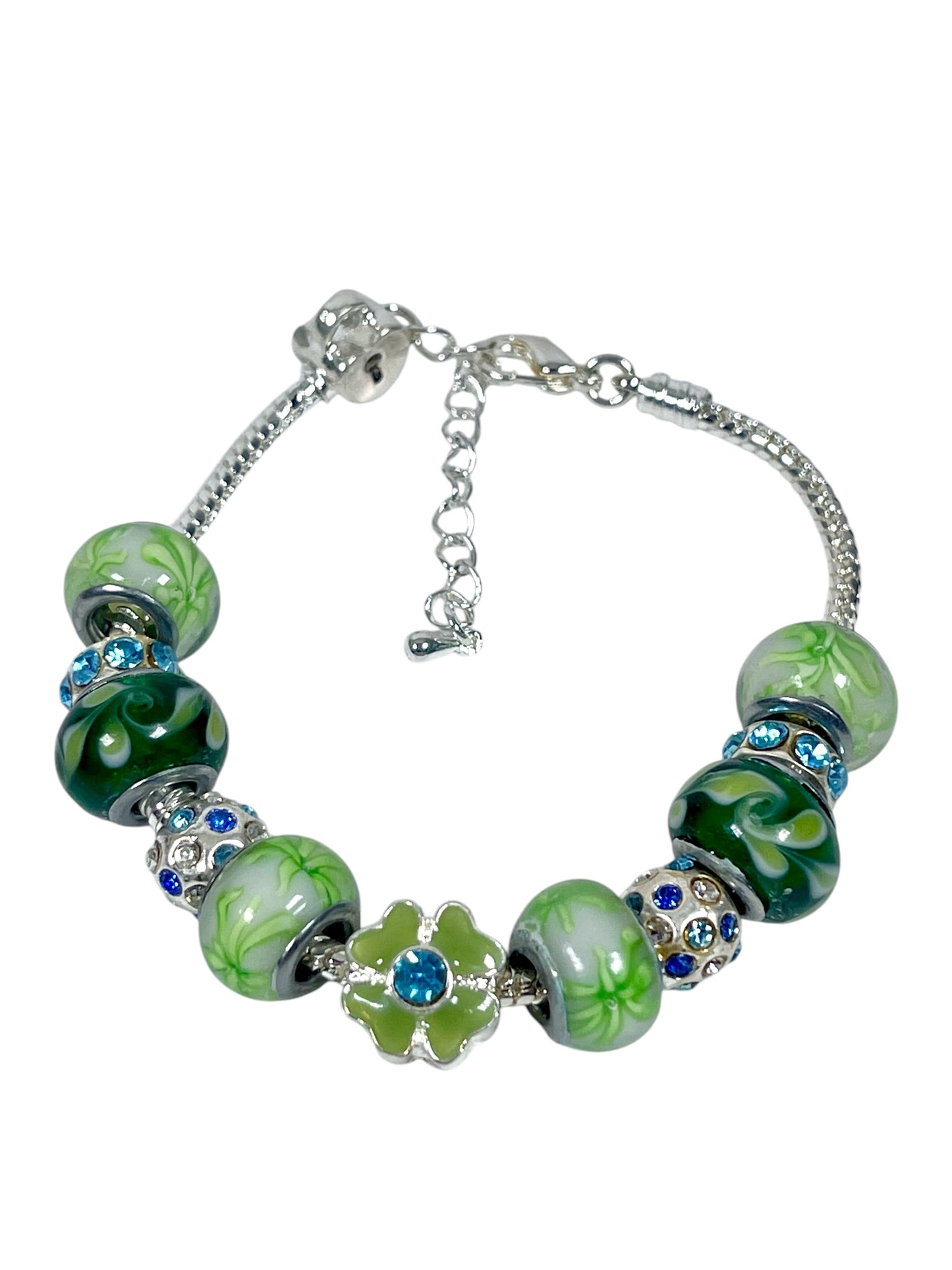 Mothers' Bracelets: European Style Bracelets with Blue, Green and White Lampwork Beads
