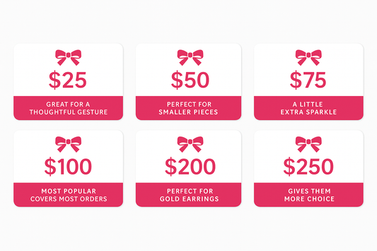 Set of Baby Jewels Gift Cards with ruby pink bows and text on a white background