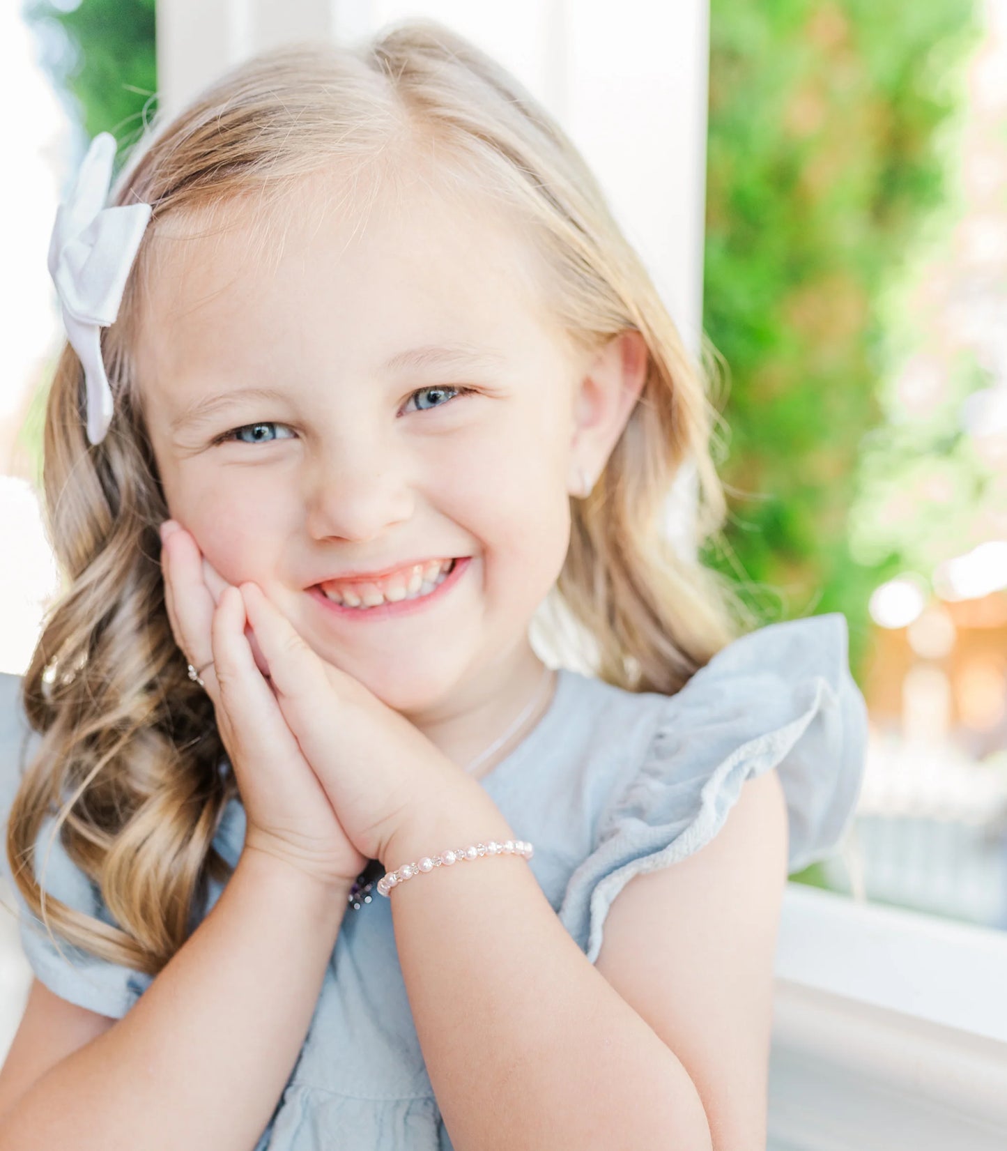 Children's Bracelets:  Sterling silver, Pink Swarovski Pearls with Cross Age 6 - 12