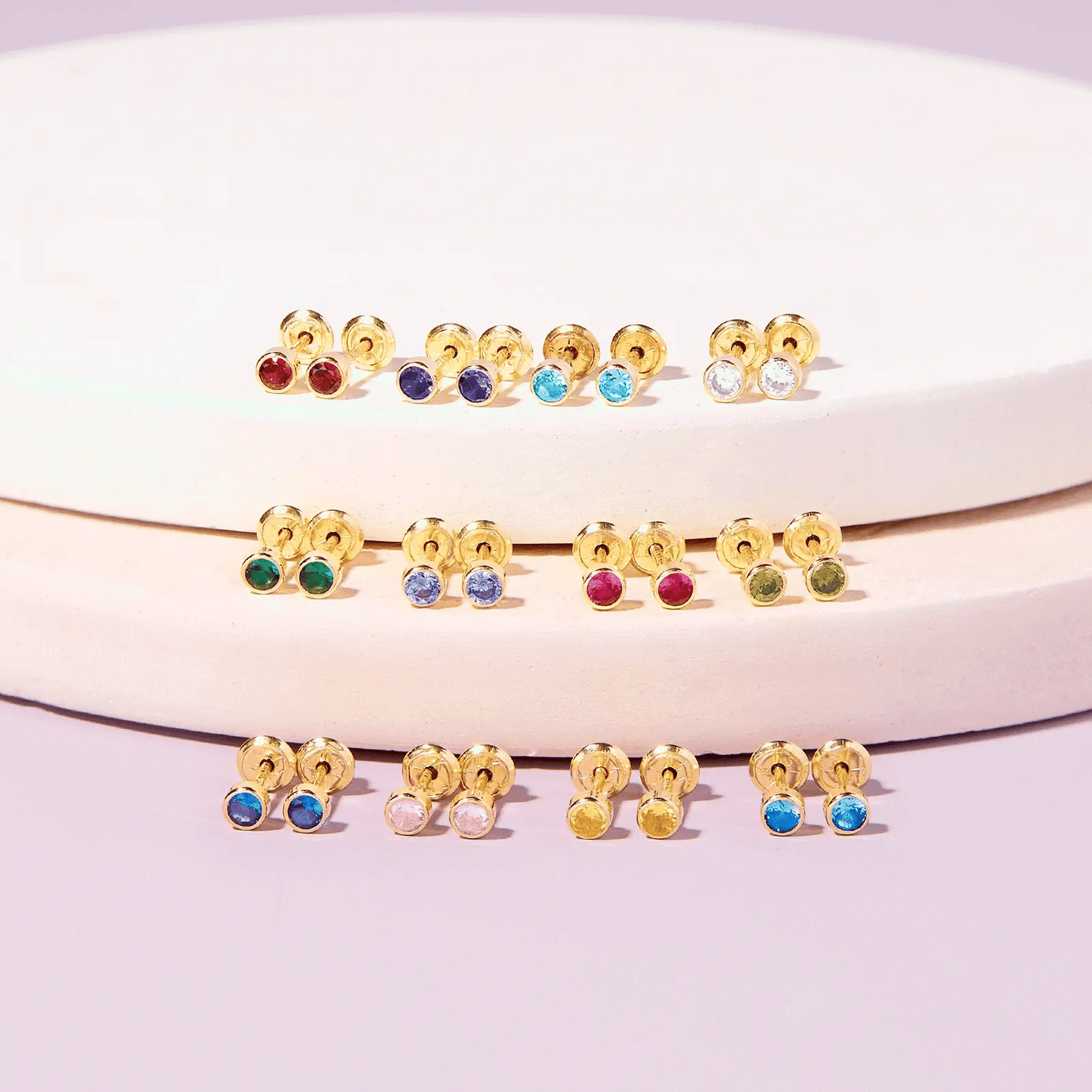 January Birthstone Earrings for babies and children, featuring colorful 3mm garnet CZ stud design in 14k gold.