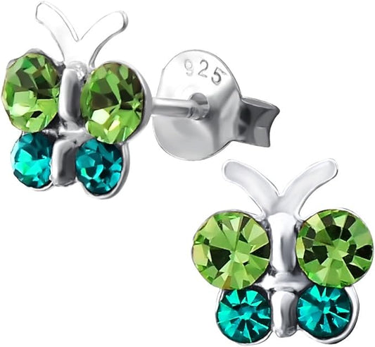 Butterfly earrings featuring sparkling green and blue cubic zirconia set in 925 sterling silver for everyday elegance.