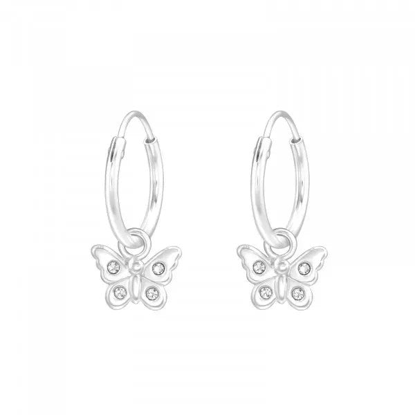 Children's Earrings: Sterling Silver, Clear Crystal, Sleepers with Butterflies