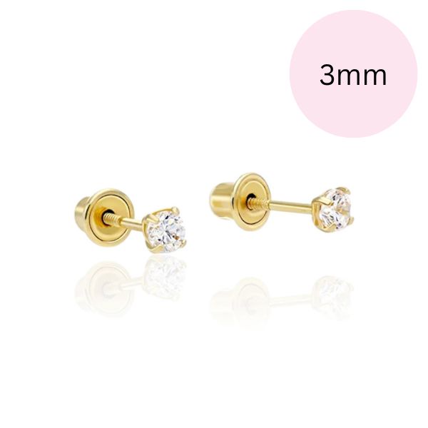 CZ stud earrings in 14k yellow gold featuring 3mm clear cubic zirconia stones in secure settings.
