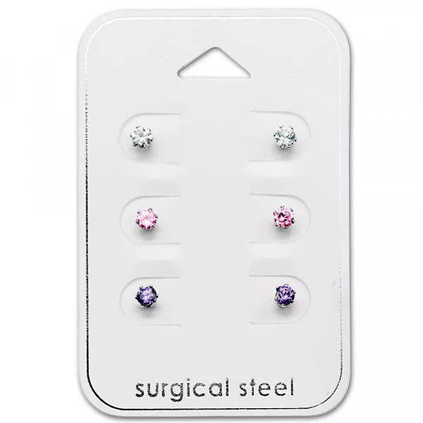 CZ stud earrings set featuring three pairs of sparkling 4mm cubic zirconia in clear, pink, and amethyst purple.