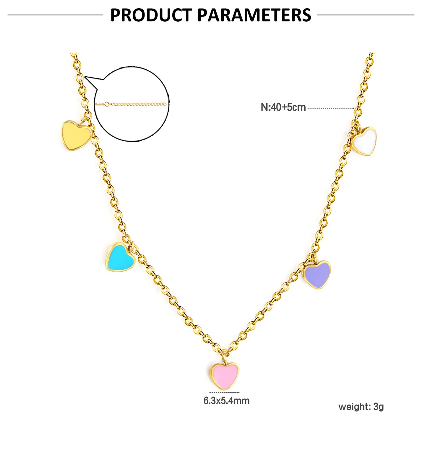 Candy heart necklace showcasing multiple enamel heart charms on a gold-plated chain with product parameters.