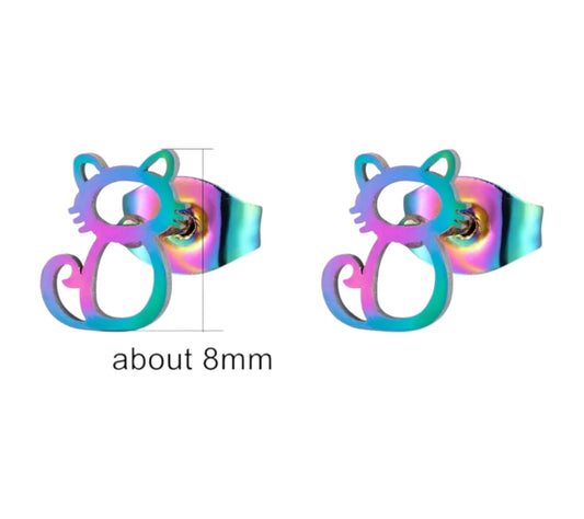 Colorful cat earrings in anodised stainless steel, featuring secure push back closures, perfect for playful outfits.
