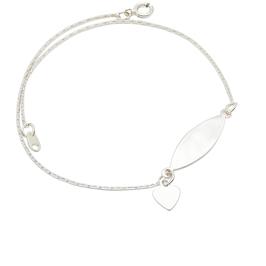 Children's anklet - silver plated ID style with heart charm and ID plate, perfect for kids' daily wear.